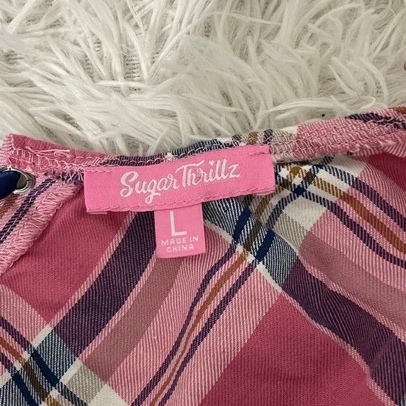 SUGAR THRILLZ French Exchange Plaid Puff Sleeve Corset Crop Top Pink Blue Large - Picture 7 of 8